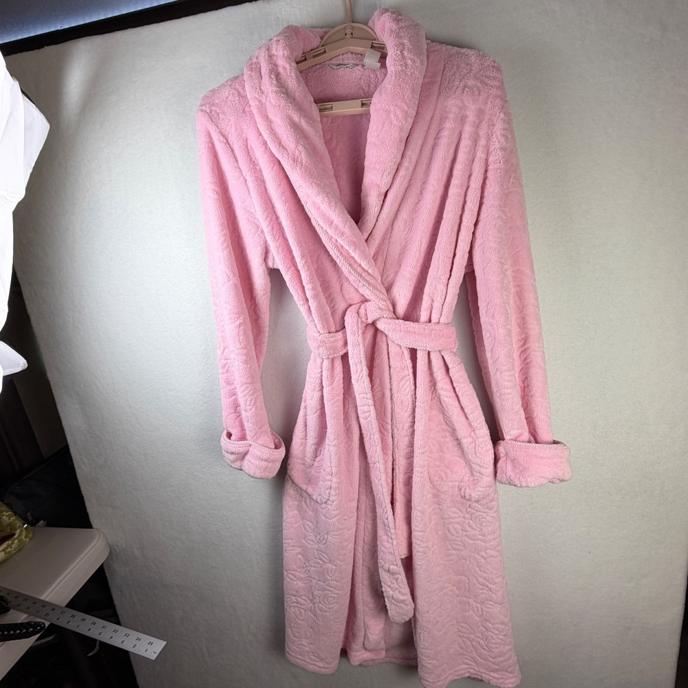 Adonna Pink Plush Floral Embossed Fleece Robe Shawl Collar Small